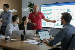 Équipe marketing analysant l’attribution marketing B2B et l’impact sur les décisions des dirigeants dans Salesforce Marketing Cloud