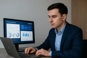 Young professional analysing AI-gedreven personalisatie-dashboards in Salesforce Marketing Cloud voor multinationals.