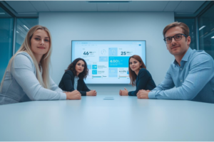 Marketingteam analysiert Dashboard zur Reduzierung von Marketingkomplexität mit Salesforce Account Engagement