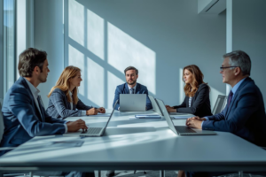 Dirigeants C-level analysant des données marketing dans Salesforce Marketing Cloud pour le forecasting, l’IA prédictive et l’allocation stratégique du capital.